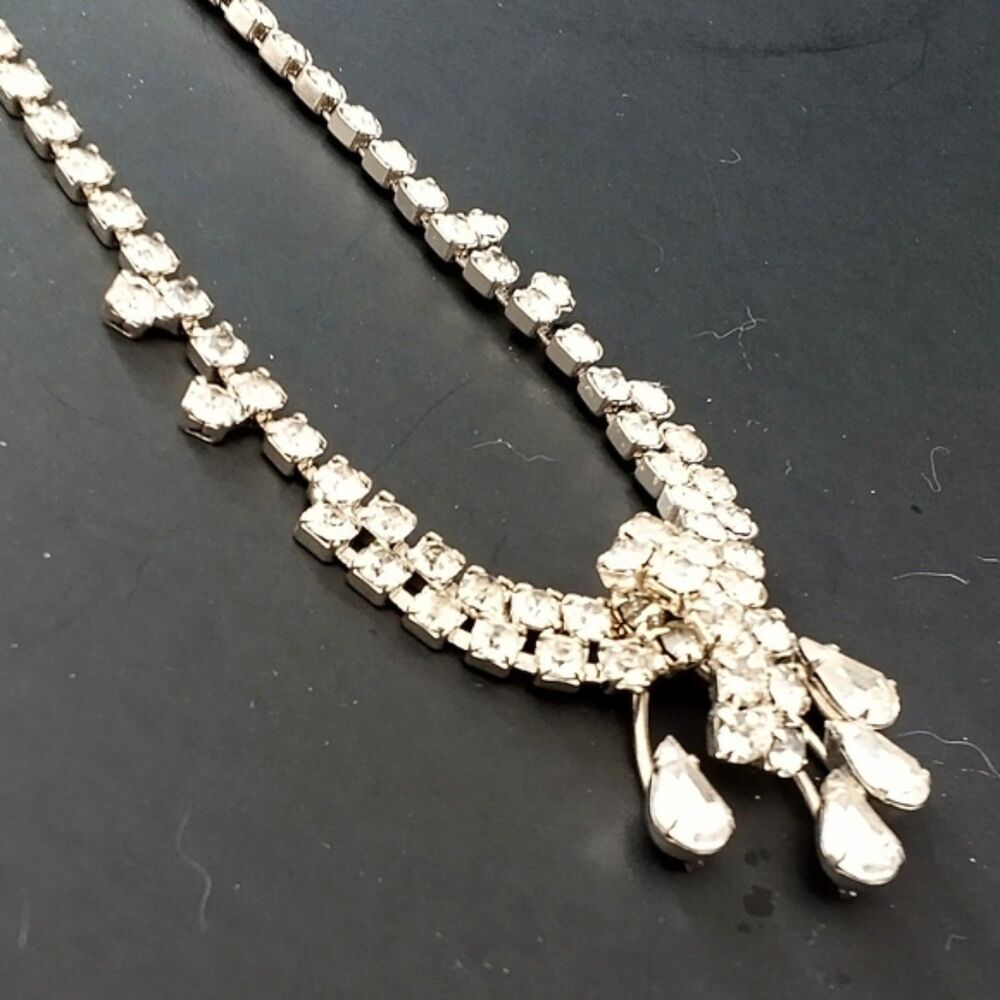 Vintage Mid Century Prong Set Clear Rhinestone Statement Choker Necklace